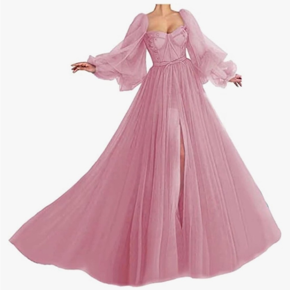 Puffy Sleeve Long Sweetheart Tulle Ball Gown